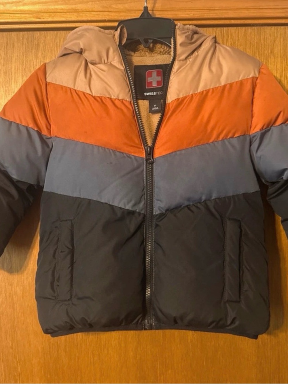 Swiss Tech Colorblock Puffer Jacket in Black, Gray, Orange & Tan